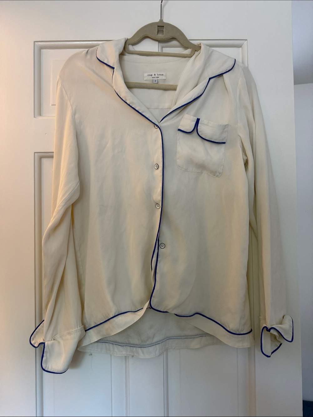 Rag & Bone Cream Button-Up Pajama Style Blouse with Blue Piping